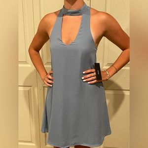 NWT Lulus.com halter mini dress with deep V. Never worn. Light blue, size XS